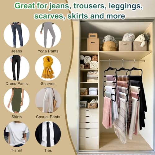 Closet Organizers and Storage, 3 Pack Pants-Hangers-Space-Saving, Velvet Non Silp 5 Tier Scarf Jeans Closet Organizer,Dorm Room Essentials for College Students Girls Boys Guys,Organization and Storage - color: Black