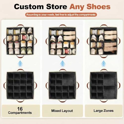 Shoe Organizer for Closet, Foldable Shoe Rack with Clear Cover, Adjustable Dividers for 16 Pairs, Storage Cubby for Wardrobe, Grey & Black - color: Grey & Black