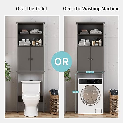 Shintenchi Over The Toilet Storage Cabinet, Bathroom Above The Toilet Rack, Bathroom Adjustable Shelf Organizer with Open Bottom Bar and Anti-Tip Device, Gray - color: Grey, size: 2 Open Shelves