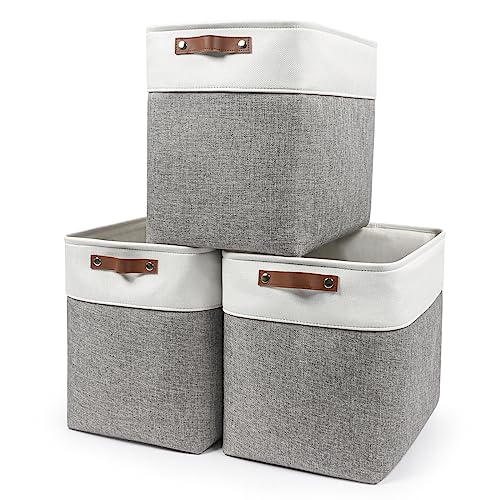 Bagnizer Large Fabric Storage Baskets | 50L Storage Bins, Decorative Linen Closet Baskets with Handles for Organizing, Shelf, Toys, Clothes, Home, Office, Nursery, 17x12x15Inches (Grey&White) - color: Gray / Off-White, size: Extra Large -17"x12"x15"