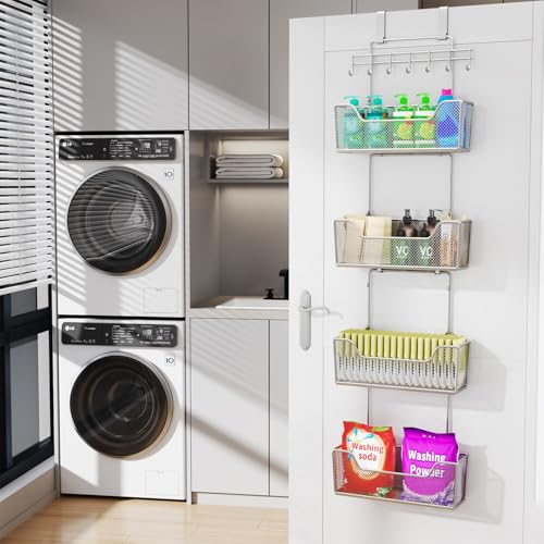 HapiRm Over The Door Organizer - Hanging Door Organizer with 4 Metal Large Capacity Baskets and Adjustable Coat Hook for Bathroom Bedroom Kitchen Pantry Closet Cabinet - color: Brushed Nickel