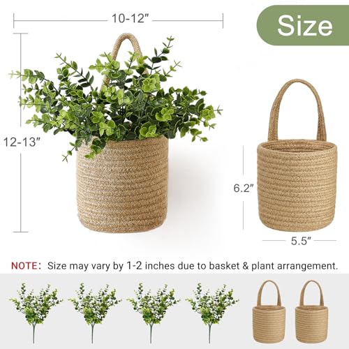 Dahey 2 Pack Wall Hanging Rope Basket (5.5"W×6.2"H) with Artificial Eucalyptus, Jute Woven Storage Organizer Flower Plants Basket Farmhouse Rustic Wall Decor for Porch Living Room Bedroom Entryway - size: 5.5"W×6.2"H