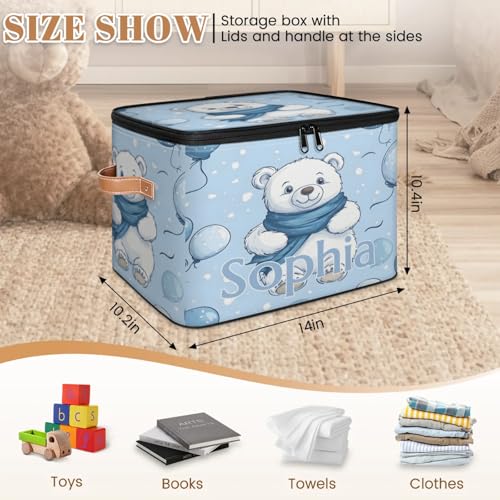 Custom Storage Basket with Name, Personalized Storage Bins with Zipper Lid, Foldable Fabric Storage Box Large capacity with Handle Balloon Bear - color: Option 17