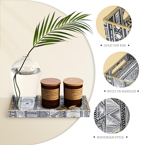 MAONAME Plastic Vanity Tray, Small Bathroom Counter Tray, Narrow Decorative Trays with Handles, Storage Dresser Trays Organizer for Toilet Tank, Jewelry, Makeup, 13.8" x 6" x 1.57" - color: Bohemian-4