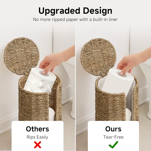 StorageWorks Seagrass Free Standing Toilet Paper Holder Stand for Bathroom, 3 Rolls of Toilet Tissue Storage with a Built-in Cloth Lining, Toilet Roll Holder Stand with Lid - color: Natural（seagrass）, size: 6¾"D(For 3 Roll)
