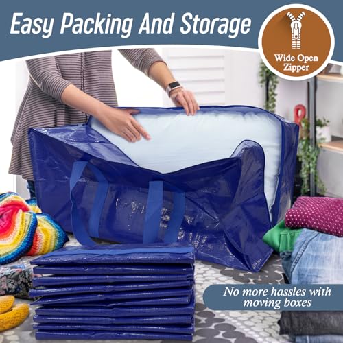 12 Pack Extra Heavy Duty Large Moving Bags with Strong Zipper & Comfortable Handles, Sturdy & Durable Clothes Storage Bags Totes Bins, Packing Moving Boxes for College Supplies, Blue - color: Blue, size: 12 Pack