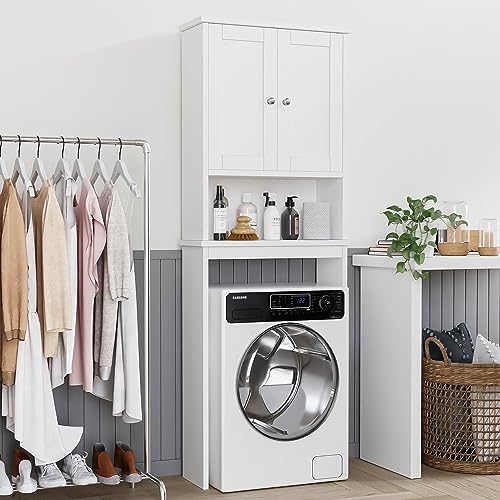 Shintenchi Over the Toilet Storage Cabinet, Bathroom Shelf Organizer with Anti-Tip Device Small Freestanding Space Saver with Adjustable Shelf，White - color: White, size: Wood Door