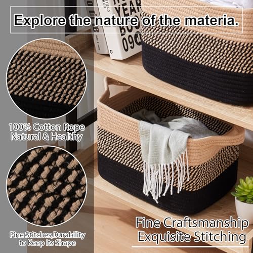 OIAHOMY Storage Basket, Woven Baskets for Storage, Cotton Rope Basket for toys,Towel Baskets for Bathroom - Pack of 3, Black & Brown - color: Black & Brown, size: 3 pcs-13”x9.9”x8.7”