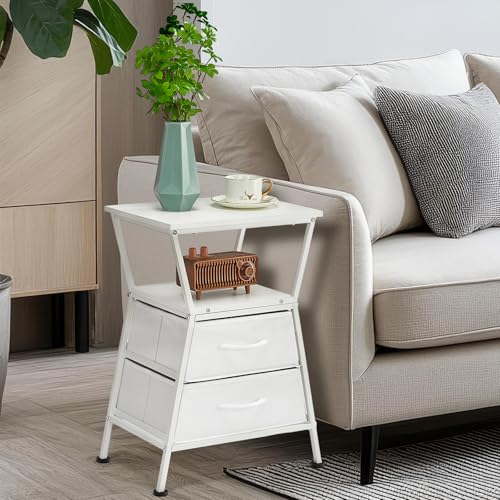 Side Tables for Bedroom Nightstand with 2 Cloth Drawer Bedside Table with Storage End Tables Living Room Sofa Couch - color: White