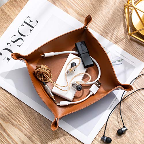 SANQIANWAN PU Leather Jewelry Valet Tray for Women and Men, Portable Entryway Table and Bedside Nightstand Desk Catchall Travel Dish Plate for Key, Wallet, Watch, Coin (Brown-B) - color: Brown-b, size: 7" x 7" x 1.7"
