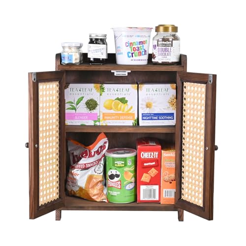 Ikee Design Wooden Countertop Storage Cabinet with Magnetic Rattan Doors, Kitchen Pantry Cabinet with Removable Shelves, Coffee, Snack, Cup Organizer, Dark Brown Color, 12.1W x 6.1D x 15.7H in - color: Dark Brown, 2 Door