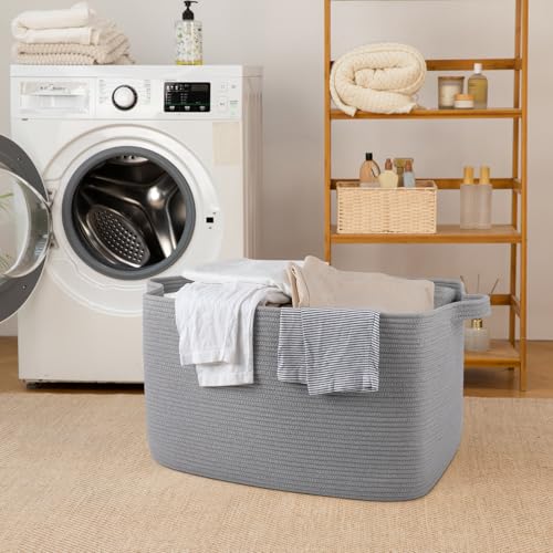 95L Cotton Rope Large Blanket Basket (24" x 16.9" x 14.2") for Living Room, Kids Room & Laundry, Storage Basket with Handle for Organizing Blankets, Pillows, Clothes & Toys, Light Grey - color: Light Grey, size: 24"x16.9"x14.2"