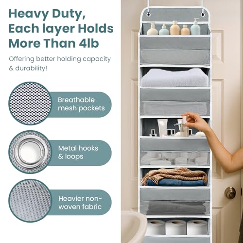 Sturdiness Over The Door Organizer, 5 Shelves & 8 Side Pockets,Anti Tilt Hanging Behind Door Storage, Heavy-Duty Reinforced Mesh Rack Holds 44lb for Bathroom,Pantry, Nursery,Closet, Shoes, Towels - color: Grey, size: 5 shelf