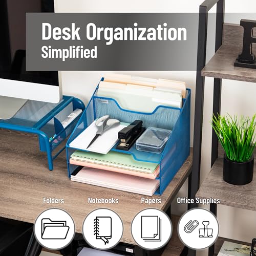 Mind Reader Metal Mesh Desktop File Organizer, 3-Tier Paper Tray with 5 Compartments, Office Mail Sorter, Turquoise - color: Turquoise