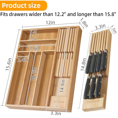 TIOPGHAD Small-Bamboo-Silverware-Drawer-Organizer, Expandable Utensil Kitchen Cutlery Tray Flatware Organization Adjustable Wood Tableware Dividers Storage (with Removable Knife Block)(Natural) - color: Natural, size: Medium