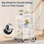 YASONIC 3 Tier Rolling Cart – Metal Utility Storage Carts with Wheels, Craft Carts Organizer with Hanging Cups, Hooks, Mesh Basket for Bedside Kitchen Office Art, White - color: White