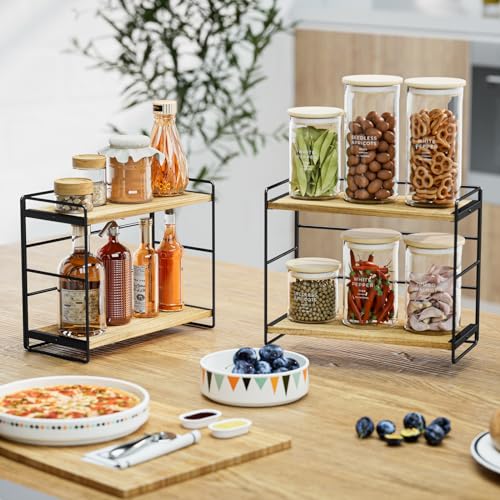 SRIWATANA 2 Pack Bathroom Counter Organizer, 2 Tier Countertop Organizers, Kitchen Counter Shelf Spice Rack Countertop Storage Wood Shelf - Carbonized Black
