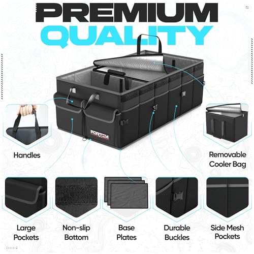 FORTEM Trunk Organizer with Cooler For SUV Car Trunk, Foldable Storage, Car Accessories for Women Men, Collapsible Bag, Perfect Christmas Gifts, 600D Oxford, Non Slip Bottom, Straps, Soft Cover (105L) - color: Black, size: XXL (105L)