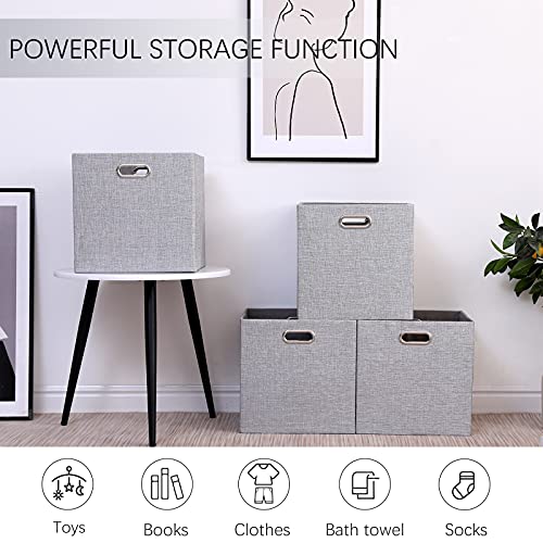 Cube Storage Bins 13×13x13 Inch Linen Foldable Box with Handles, Collapsible Organization Basket Set of 4 Large Capacity Grewer for Closet Shelf Cabinet Bookcase Bedroom, Silver Grey - color: Grey