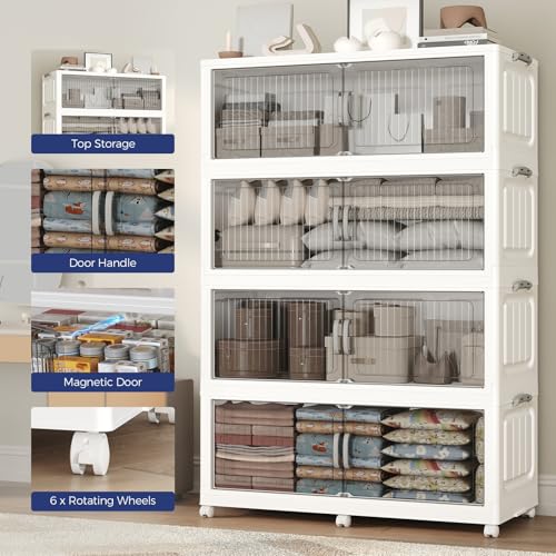 250Gal Extra Large Stackable Storage Bins with Lid (5-Pack), 1000QT Foldable Organizer with Clear Magnetic Doors & Wheels, Plastic Cabinet for Bedroom, Garage, Dorm, Closet, Home, Kitchen