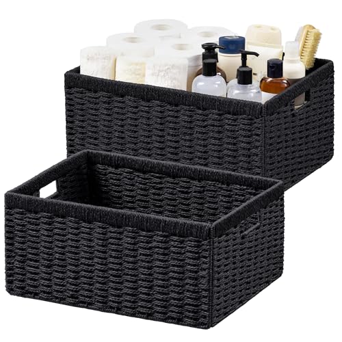 UBBCARE 2 Pack Wicker Basket, 16.5L×13H×7.5W inch Woven Paper Rope Storage Baskets for shelves, Foldable Rectangular Storage Baskets with Handle, Storage Basket for Organizing, Black - color: Black, size: 2pack Large