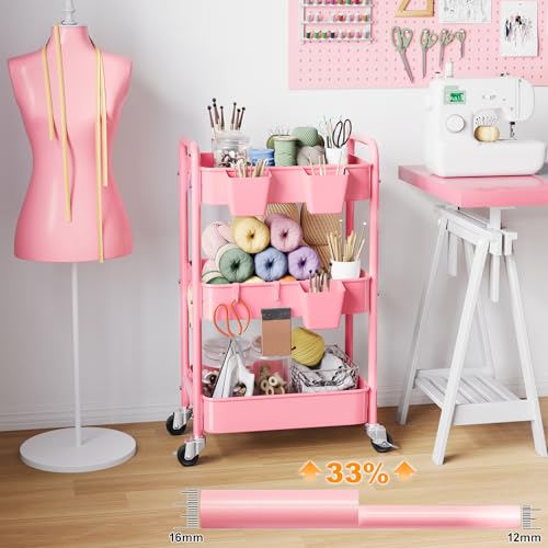 3 Tier Rolling Cart on Wheels, Metal Utility Storage Cart with Wheels, Three Tiered Craft Carts Organizer with Hanging Cups, Hooks, Mesh Basket for Bedside, Kitchen, Bathroom, Office, Art, Snack, Pink - color: Pink, size: 3-Tier + Cups + Hooks