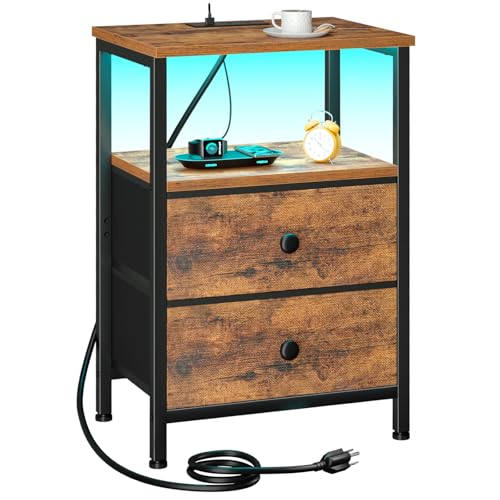LOAKEKEL Night Stand with Charging Station, Small Bedside Table with USB Ports & Outlets, LED Nightstand with 2 Fabric Storage Drawers PU Finish for Bedroom, Brown, HETS02BR-1 - color: Rustic Brown, style: Two-drawer