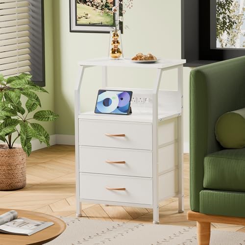 Furnulem Night Stand with Charging Station, 28.3 Inch Tall Bedside Table with PVC Drawers, End Table with USB Ports and Outlets, 3 Fabric Drawer Storage Nightstand for Bedroom, 3 Ways to Use, White - color: White, size: 3 Drawer