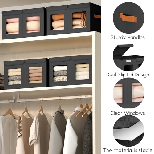 Homsorout Large Closet Storage Bins - Collapsible Divided Clothes Organizer with Lids & Dual Window, Fabric Organizing Bins for Clothes, Sweater, Bedroom, Office (Black, 2 Pack) - color: Black, size: L(2-Pack)