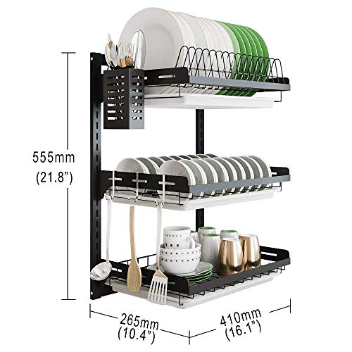 junyuan Hanging Dish Drying Rack Wall Mount,Dish Racks Drainer,3 Tier Kitchen Plate Organizer Storage Shelf with Drain Tray with 3 Hooks,Stainless Steel Black Large Ajustable Height - size: 3tier-Wall Mount