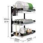 junyuan Hanging Dish Drying Rack Wall Mount,Dish Racks Drainer,3 Tier Kitchen Plate Organizer Storage Shelf with Drain Tray with 3 Hooks,Stainless Steel Black Large Ajustable Height - size: 3tier-Wall Mount