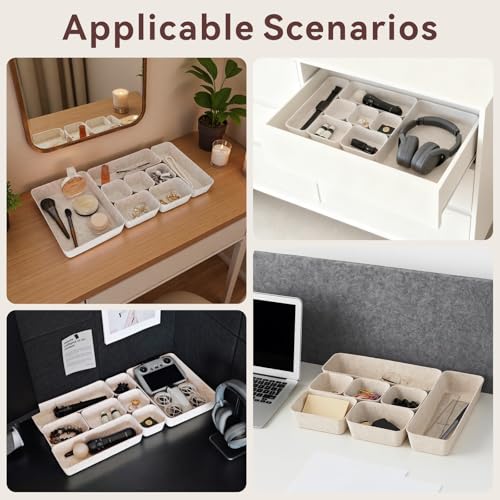 16-Piece Felt Drawer Organizer Set in 4-Sizes, Made from Eco-Friendly Material for Vanity, Makeup, Desk, Office, Kitchen, and Nightstand, Oatmeal - size: 16