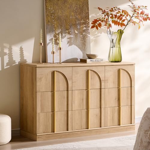 ACCOHOHO Arched Dresser for Bedroom with 9 Drawers, 52" Wide Modern Chest of Drawers with Rounded Edge & Metal Handles, Wood Storage Closet Dressers TV Stand for Living Room, Hallway, Natural Oak - color: Natural Oak, size: 15.6"D x 52"W x 32"H (9 Drawers