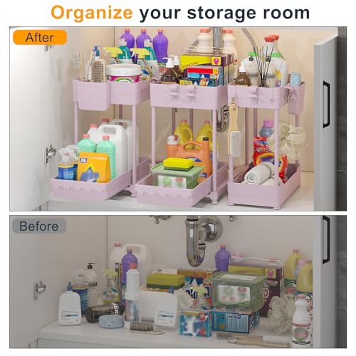 Sevenblue 3 Pack Under Sink Organizers, 2-Tier Multi-Use Kitchen and Bathroom Organizers and Storage with Sliding Drawers, Bathroom Cabinet Organizer (Pink, 12.8 Inch) - color: Pink, size: 12.8 Inch
