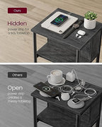 VASAGLE Side Table with Charging Station, 3-Tier End Table with USB Ports and Outlets, Nightstand for Living Room, Bedroom, 11.8 x 13.4 x 22.8 Inches, Plug-in Series, Misty Gray and Black - color: Misty Gray + Black
