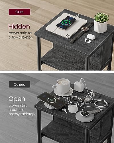 VASAGLE Side Table with Charging Station, 3-Tier End Table with USB Ports and Outlets, Nightstand for Living Room, Bedroom, 11.8 x 13.4 x 22.8 Inches, Plug-in Series, Misty Gray and Black - color: Misty Gray + Black