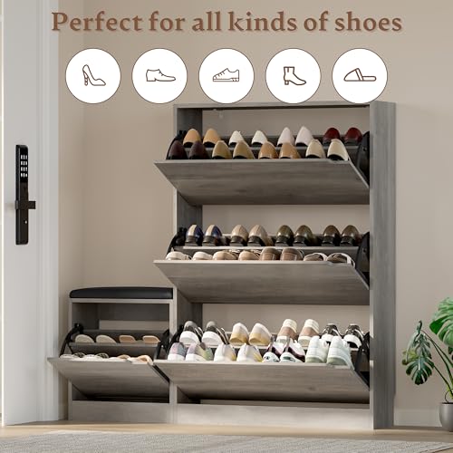 BORNOON Shoe Cabinet with Bench and 3 Flip Drawers, Slim Narrow Shoe Storage Cabinet, Freestanding Shoe Rack Organizer with Adjustable & Removable Shelves, Anti-Tip for Entryway, Hallway, Foyer - color: Grey, size: 3-Drawer - Bench