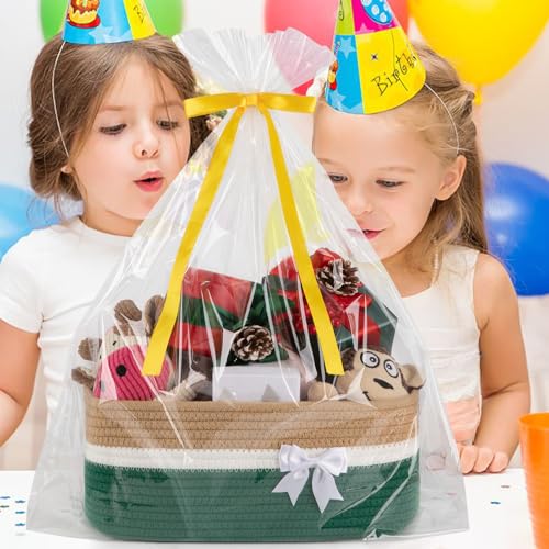 OIAHOMY Large Woven Storage Basket with Handles for Nursery Living Room Shelves, Bow Basket for Gifts Empty with Gift Bags and Ribbons for Baby Showers Pet Toy Bin -Yellow & Dark Green - color: Yellow & Dark Green