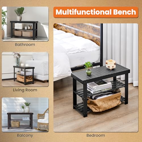 Sweetcrispy 3-Tier Shoe Rack Bench, Bamboo Entryway Storage Organizer, Shoes Stand for FrontDoor Entrance, Bedroom, Living Room, 286lb Capacity, 11.3 x 27.6 x 17.8 Inches, Pitch-Black - color: Black, size: 27 inches WIdth