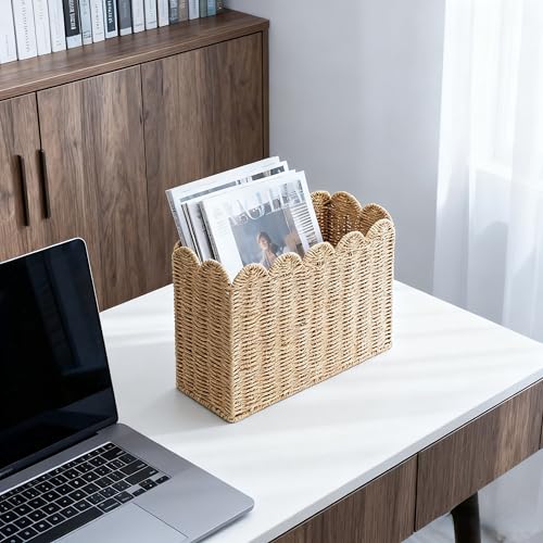 Paper Rope Magazine Holder for Floor, Wicker Magazine Basket, Tall Narrow Book Basket & File Holder for Books, Mail, Newspapers & Papers, Scalloped Storage Basket for Living Room, Office, Bedroom - color: Khaki(Paper Rope)