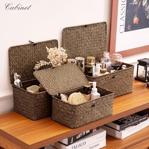 Nonam Seagrass Storage Baskets with Lid Set of 3,Wicker Basket Storage Bin for Shelves,Rectangular,Boho Decor,Handwoven Shelf Basket for Organizing-Storage Container Box for Home Organization-Coffee - color: Coffee* Set of 3