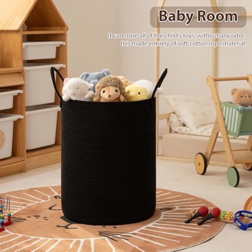 OIAHOMY Large Laundry Basket Hamper - 80L Cotton Rope Woven Basket for Blankets, Toys, Clothes - Tall Decorative Nursery Hamper with Long Handles, Black - color: Black, size: 80L