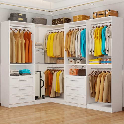 Closet System with 6 Drawers, Corner Closet Organizer System with 10 Hanging Rods Heavy Duty Walk in Wooden Modular Closet Storage System L-Shaped U -Shaped Freestanding 4 Sets 2500+ Lbs White - color: Cl07090912