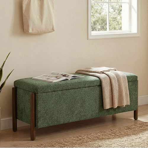 Usaint Wooden Storage Ottoman Bench, 47" Fabric Upholstered End of Storage Bench with Rubberwood Legs, Entryway Bench with Storage for Bedroom, Living Room, Reception, Cloakroom, Green - color: Green