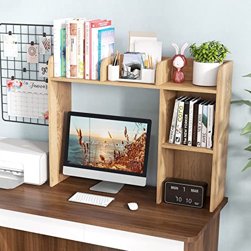 Tangkula Desktop Bookshelf, Countertop Storage Hutch with 5 Shelves for Computer Desk, 3-Tier Display Rack, Multipurpose Wood Storage Organizer for Dorm Office Home - color: Natural, size: 5 Shelves