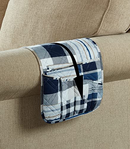 Brilliant Sunshine Multi Blue Plaids and Stripes Patchwork Sofa Armrest 5 Pockets Organizer, Slip Resistant Armchair Caddy, Washable Remote Controls Holder, Storage for Magazine, Tablet, 35×13", Blue - color: Multi Blue