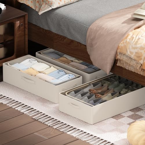 CYhom 3Pcs Under Bed Storage Bins with Metal Frame - Shoe Organizer for Closet with Clear Cover Oxford Fabric Sturdy Underbed Container Foldable Stackable Clothes Organizer (Beige, 23.5x11.8x6.3) - color: Beige, size: 23.5x11.8x6.3