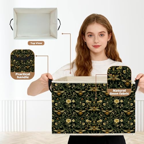Moody Floral Bumblebee Storage Box Bins, Dark Cottagecore Honey Bee Botanical Collapsible Storage Basket Organizer for Bedroom Laundry Room Home Clothes Toys Books, Toybox for Girls - color: Floral Q