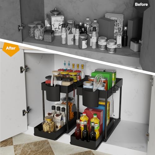 2 Pack Under Sink Organizers and Storage, 2-Tier Sliding Cabinet Organizer Drawer for Bathroom and Kitchen – Multi-Purpose Cabinet Organizer with Easy Pull-Out Design (Black) - color: Black., size: 2 Pack