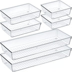 Criusia 6 Pcs Large Size Clear Drawer Organizer Set, Acrylic Non Slip Non Cracking Kitchen Drawer Storage Tray Divider, Multifunctional Storage for Cosmetics, Bathroom, Tools, Kitchen and Office - size: 6 PACK